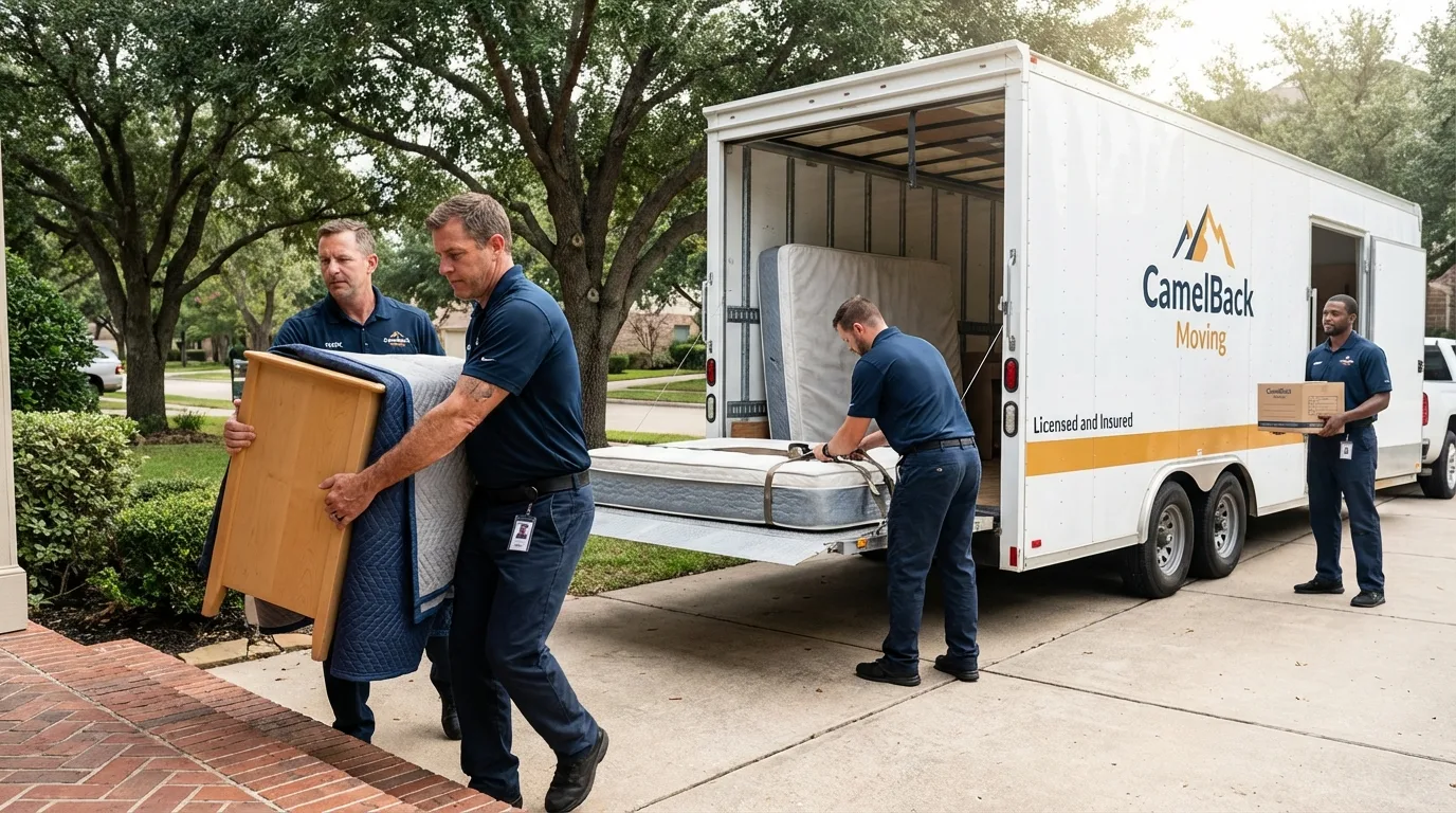 Crew loading residential truck for cross-state move from Clovis, NM