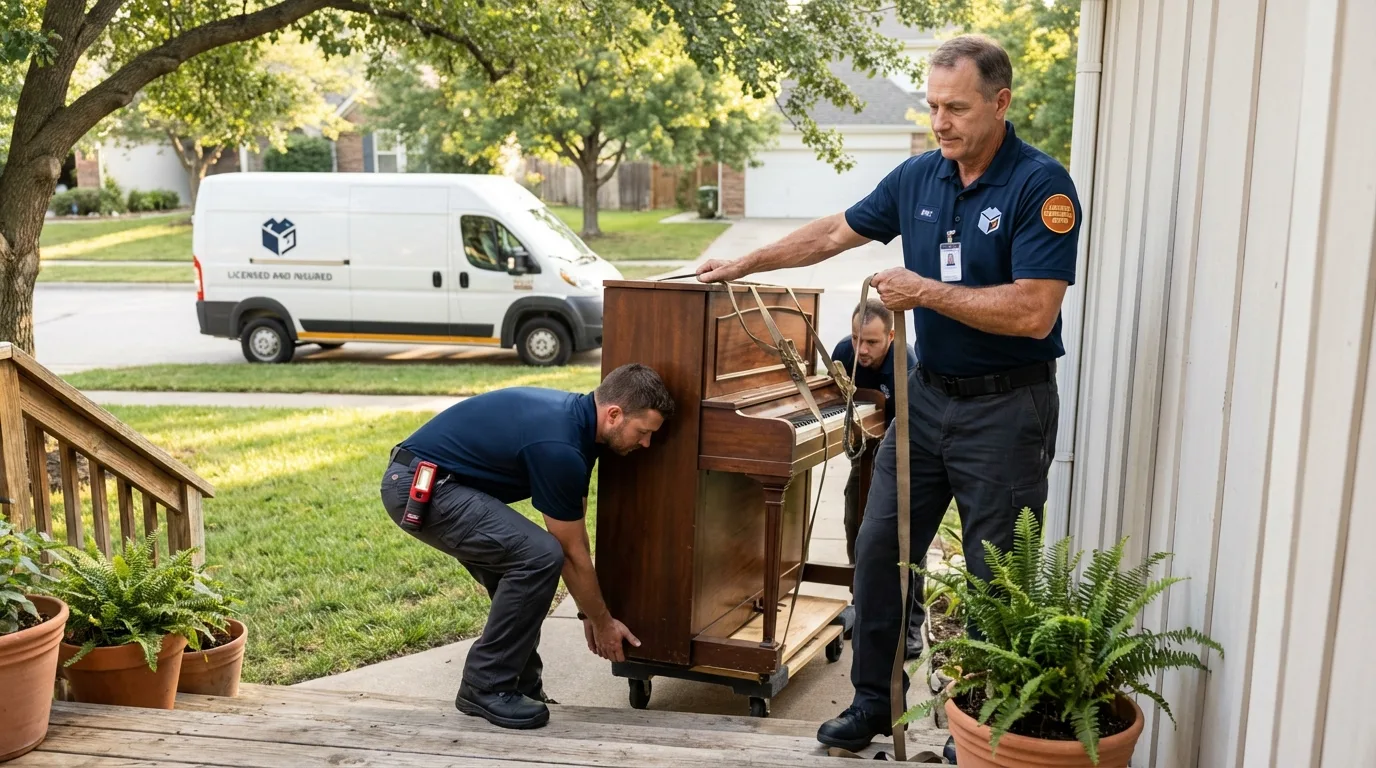 Licensed piano movers securing grand piano in Clovis, NM